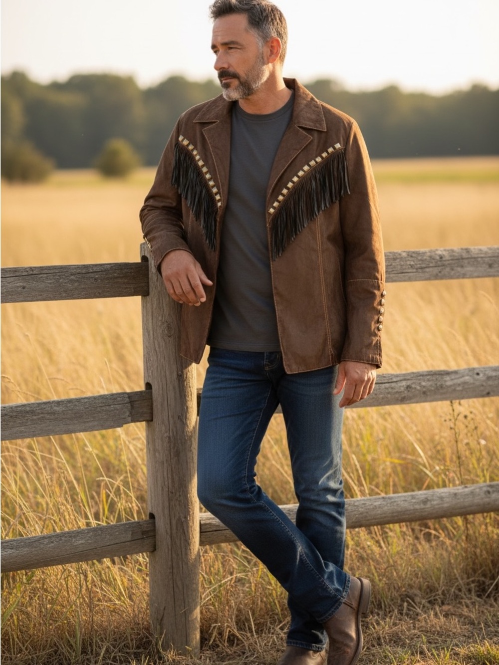 Denim 24/7 Brown Fringe Jacket with Stud Trim